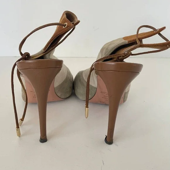 Aquazzura Tan and Gray Rainbow 105 Color Block Stripe Suede Heels, Size 36.5 🔴